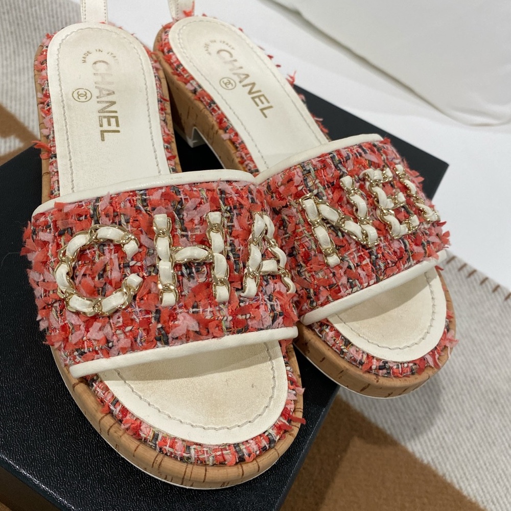 Chanel 21C tweed cork coral sandals - Picture 5 of 6